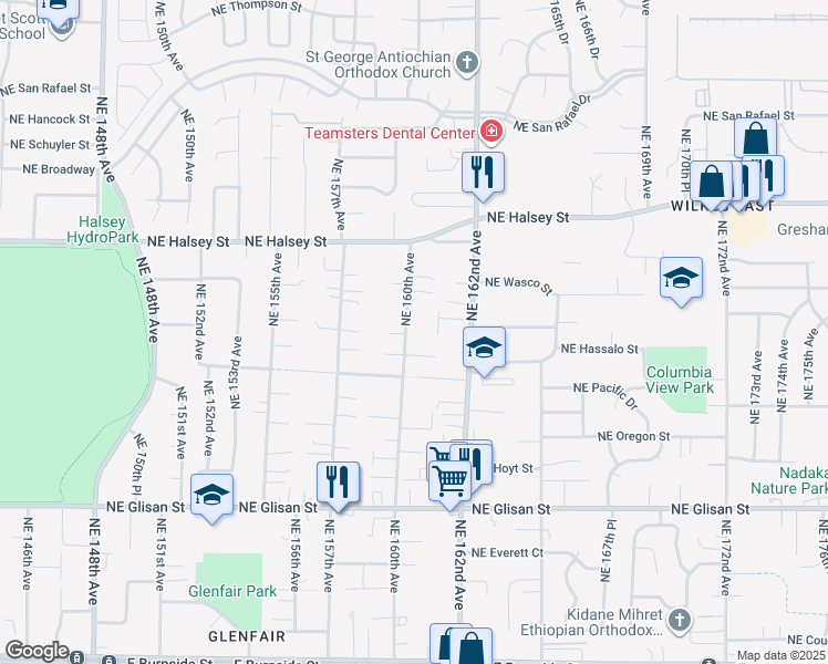 map of restaurants, bars, coffee shops, grocery stores, and more near 1146 Northeast 160th Avenue in Portland