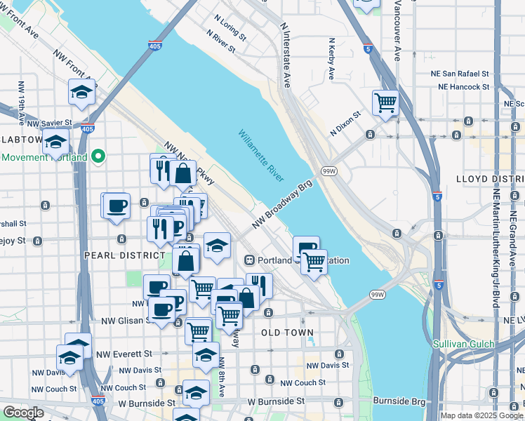 map of restaurants, bars, coffee shops, grocery stores, and more near 43 Northwest Broadway Bridge in Portland