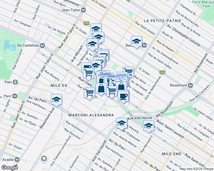 map of restaurants, bars, coffee shops, grocery stores, and more near 6609 Boulevard Saint-Laurent in Montréal