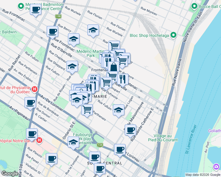 map of restaurants, bars, coffee shops, grocery stores, and more near 1886 Rue Poupart in Montréal