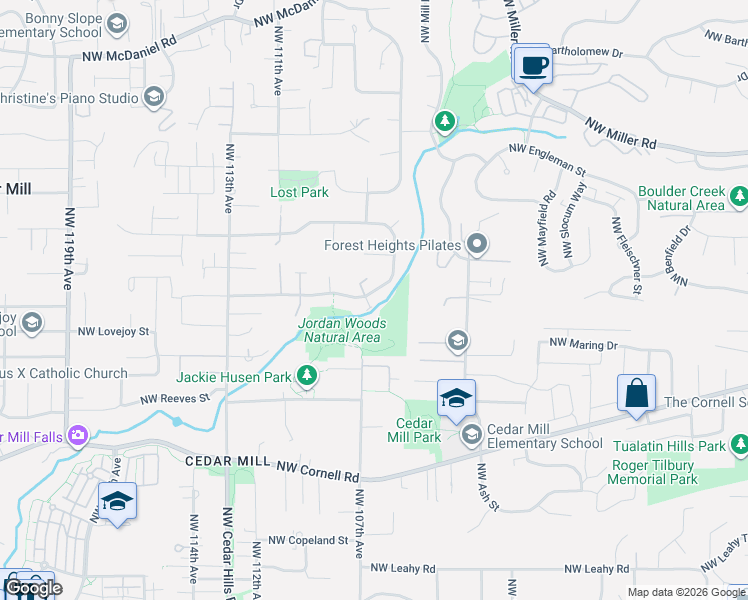 map of restaurants, bars, coffee shops, grocery stores, and more near 10581 Northwest Lost Park Drive in Portland