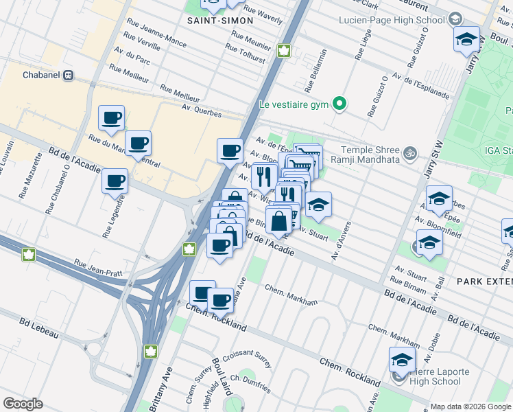 map of restaurants, bars, coffee shops, grocery stores, and more near 8605 Avenue Stuart in Montréal