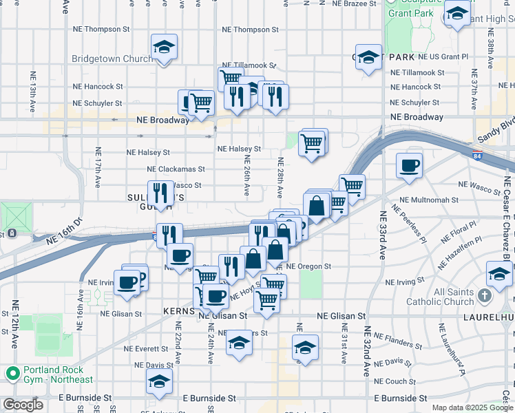 map of restaurants, bars, coffee shops, grocery stores, and more near 2626 Northeast Multnomah Street in Portland