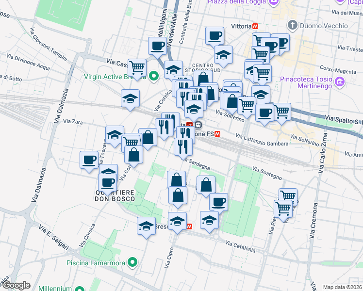 map of restaurants, bars, coffee shops, grocery stores, and more near 32 Via Sostegno in Brescia