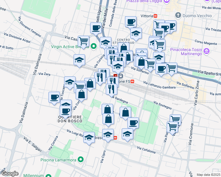 map of restaurants, bars, coffee shops, grocery stores, and more near 32 Via Sostegno in Brescia