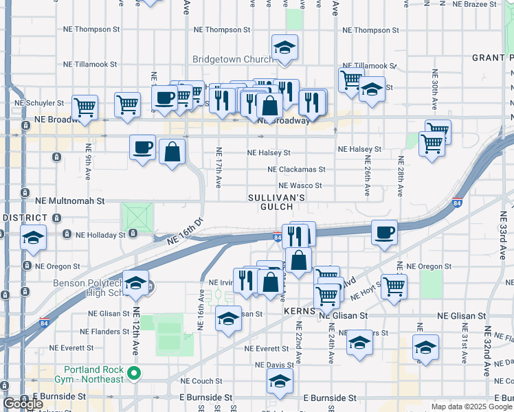 map of restaurants, bars, coffee shops, grocery stores, and more near 1926 Northeast Multnomah Street in Portland