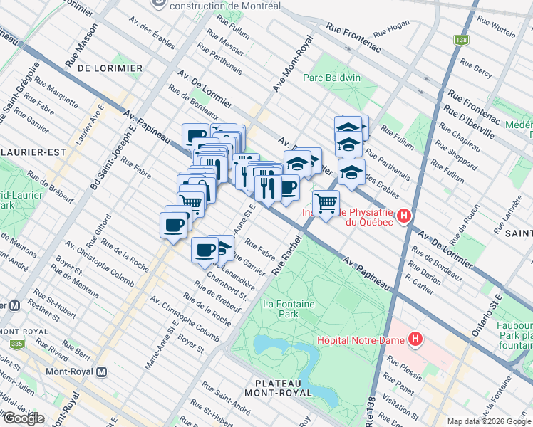 map of restaurants, bars, coffee shops, grocery stores, and more near 4312 Avenue Papineau in Montréal