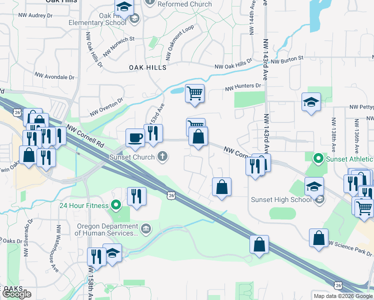 map of restaurants, bars, coffee shops, grocery stores, and more near 14800 Northwest Cornell Road in Portland