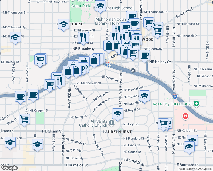 map of restaurants, bars, coffee shops, grocery stores, and more near 1133 Northeast 37th Avenue in Portland