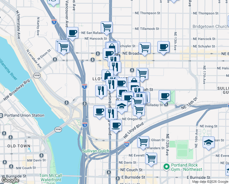 map of restaurants, bars, coffee shops, grocery stores, and more near 1139 Northeast Grand Avenue in Portland