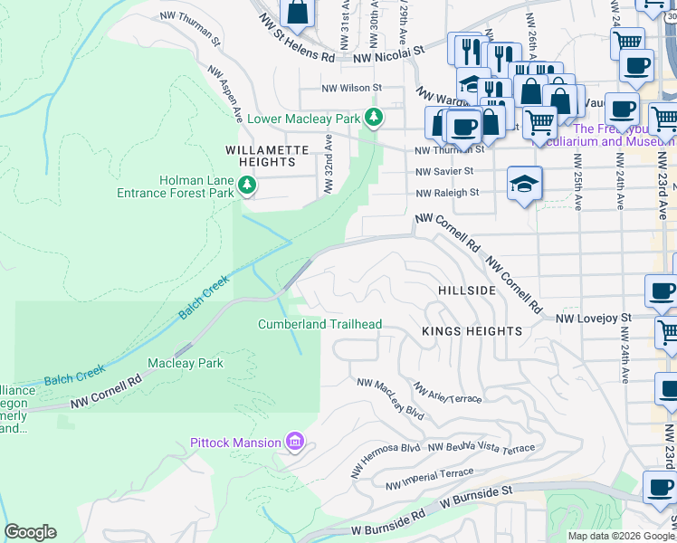 map of restaurants, bars, coffee shops, grocery stores, and more near 3117 Northwest Fairfax Terrace in Portland