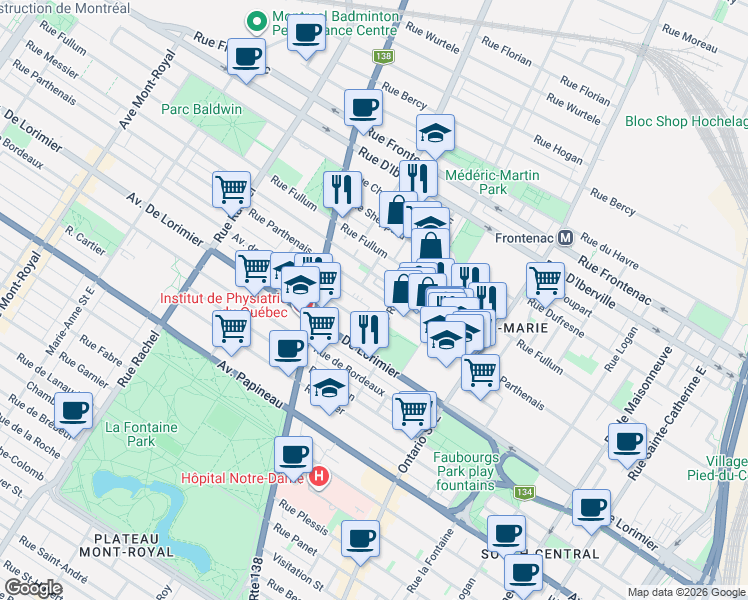 map of restaurants, bars, coffee shops, grocery stores, and more near 2290 Rue Parthenais in Montréal