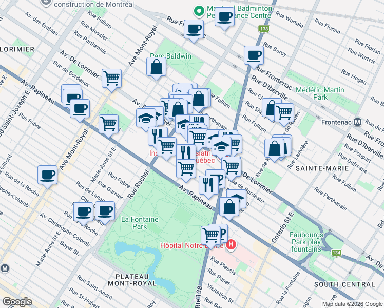 map of restaurants, bars, coffee shops, grocery stores, and more near 4009 Rue de Bordeaux in Montreal
