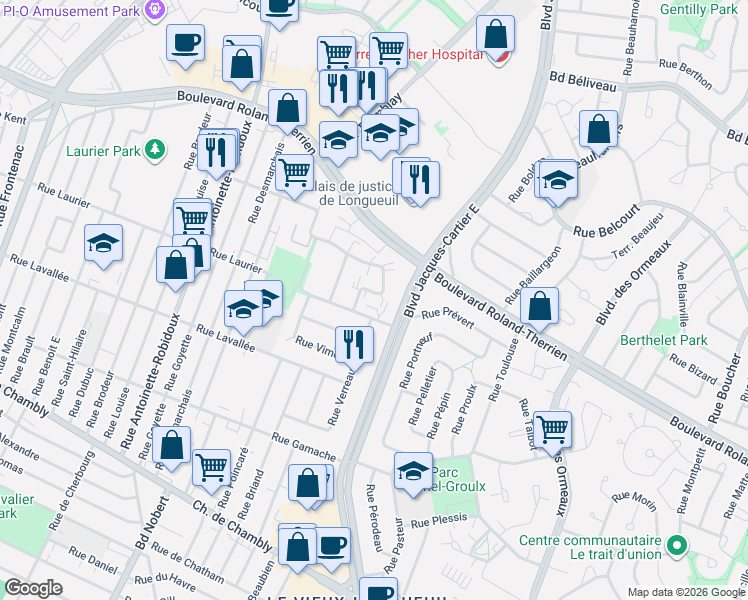 map of restaurants, bars, coffee shops, grocery stores, and more near 520 Rue Varennes in Longueuil