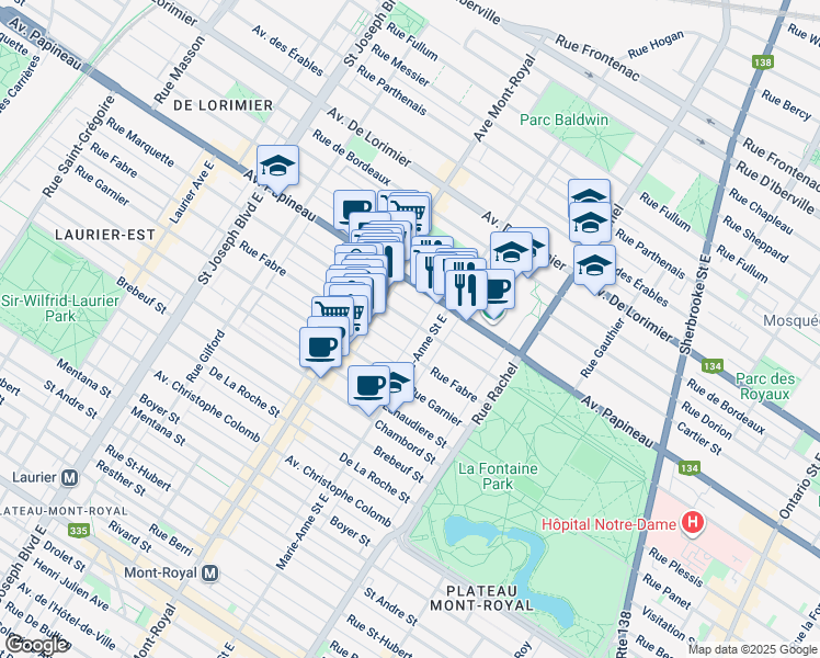map of restaurants, bars, coffee shops, grocery stores, and more near 4382 Rue Marquette in Montréal