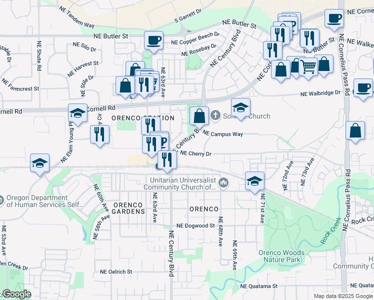 map of restaurants, bars, coffee shops, grocery stores, and more near 6501 Northeast Cherry Drive in Hillsboro
