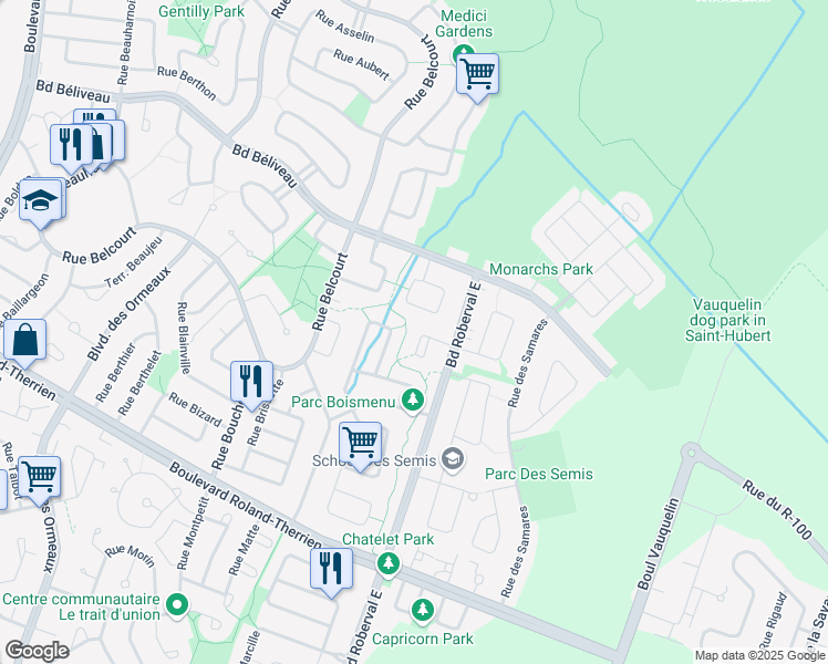map of restaurants, bars, coffee shops, grocery stores, and more near 3386 Rue de Bavière in Longueuil