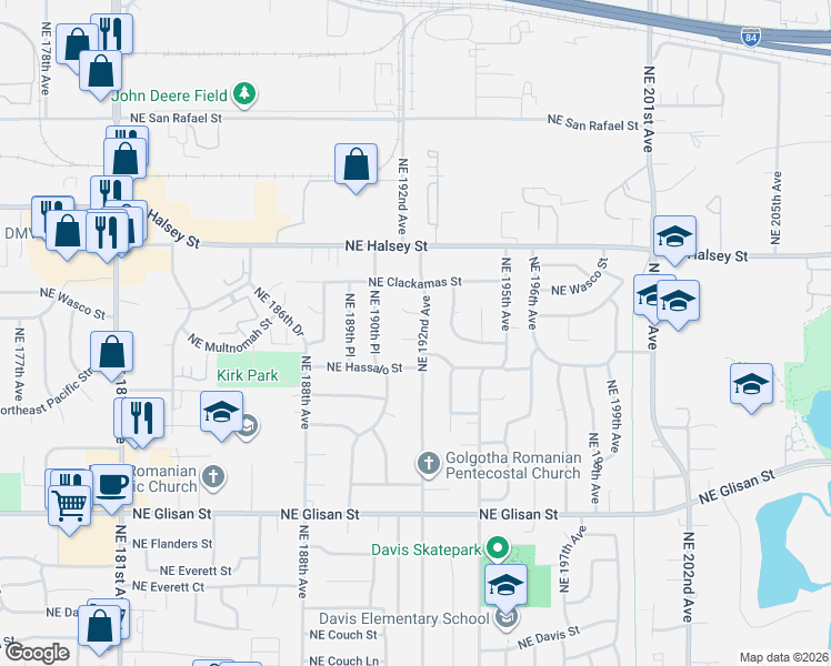 map of restaurants, bars, coffee shops, grocery stores, and more near 19122 Northeast Multnomah Court in Portland
