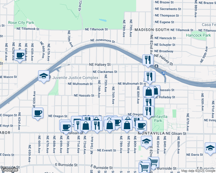 map of restaurants, bars, coffee shops, grocery stores, and more near 1143 Northeast 75th Avenue in Portland
