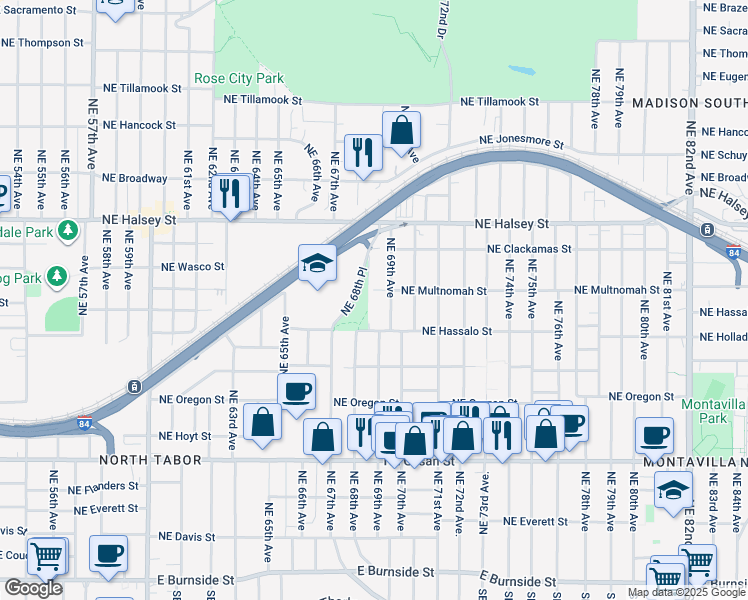 map of restaurants, bars, coffee shops, grocery stores, and more near 1145 Northeast 69th Avenue in Portland