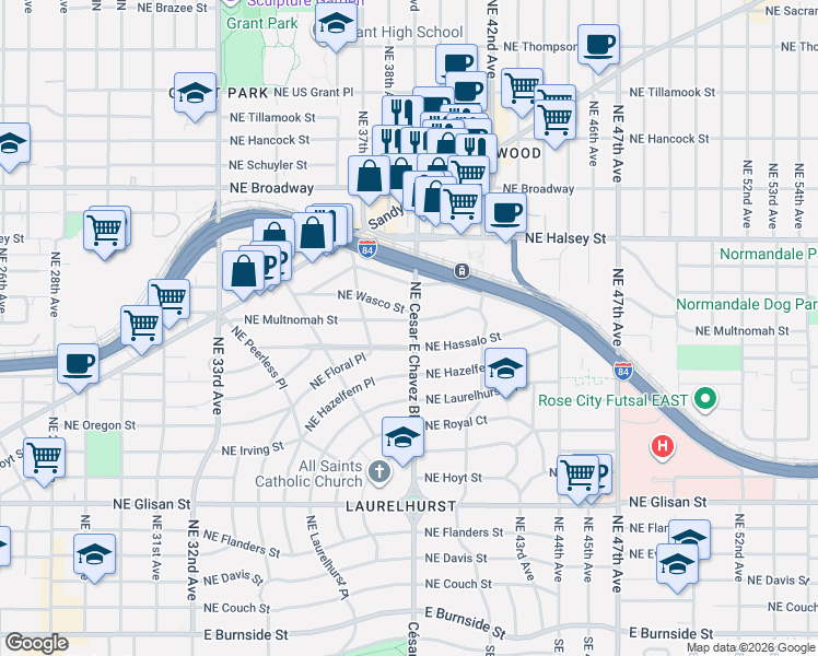 map of restaurants, bars, coffee shops, grocery stores, and more near 3815 Northeast Hassalo Street in Portland