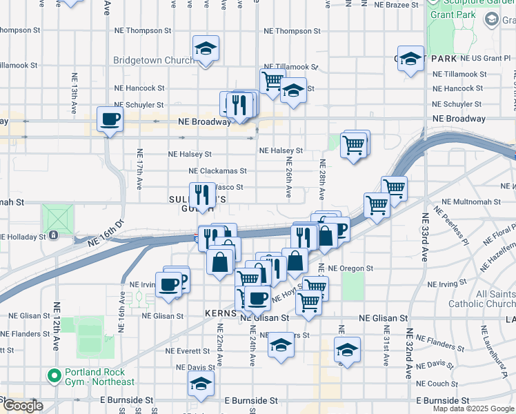map of restaurants, bars, coffee shops, grocery stores, and more near 2318 Northeast Multnomah Street in Portland