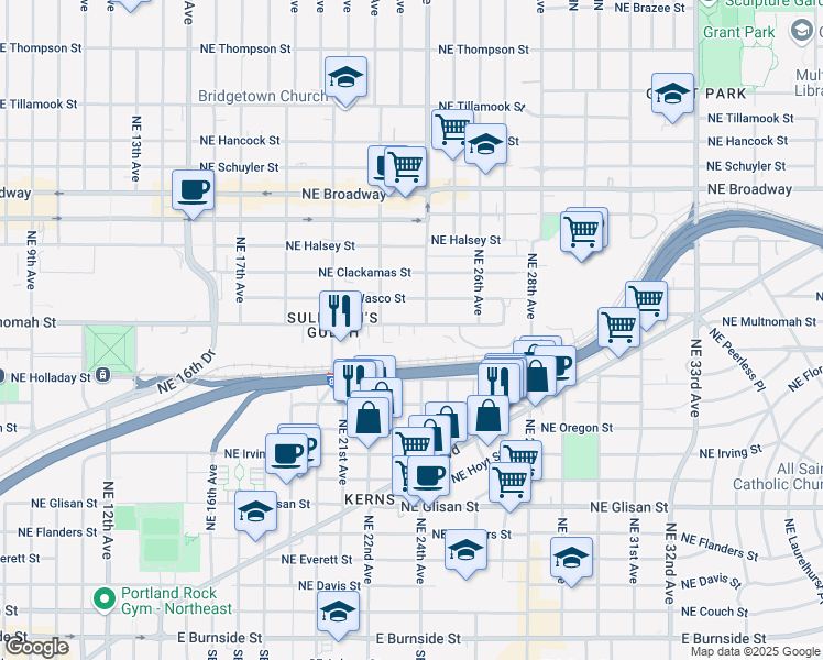 map of restaurants, bars, coffee shops, grocery stores, and more near 2318 Northeast Multnomah Street in Portland
