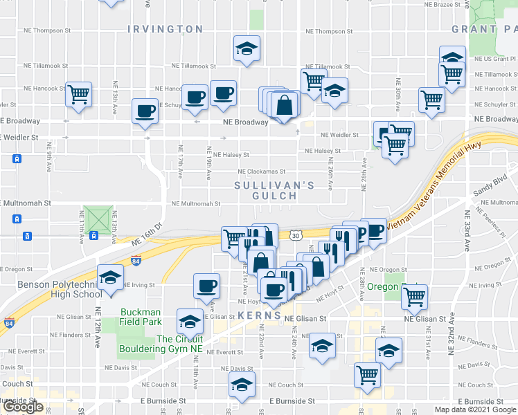 map of restaurants, bars, coffee shops, grocery stores, and more near 2208 Northeast Multnomah Street in Portland