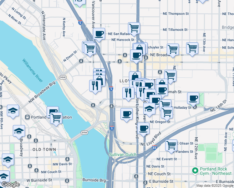 map of restaurants, bars, coffee shops, grocery stores, and more near 105 Northeast Multnomah Street in Portland