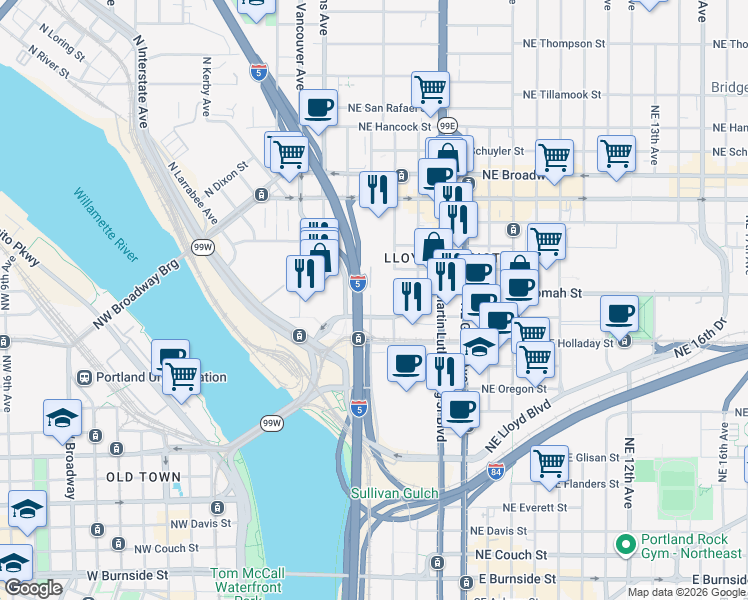map of restaurants, bars, coffee shops, grocery stores, and more near 105 Northeast Multnomah Street in Portland