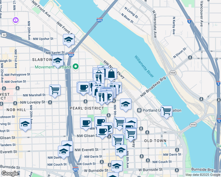 map of restaurants, bars, coffee shops, grocery stores, and more near 1075 Northwest 9th Avenue in Portland