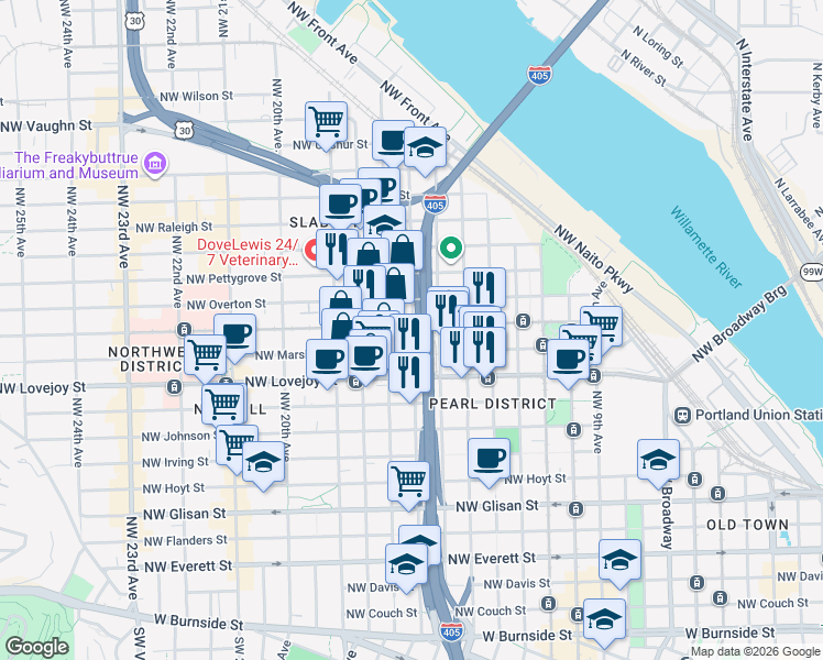map of restaurants, bars, coffee shops, grocery stores, and more near in Portland