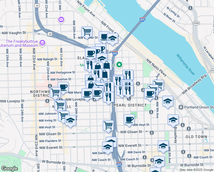 map of restaurants, bars, coffee shops, grocery stores, and more near in Portland