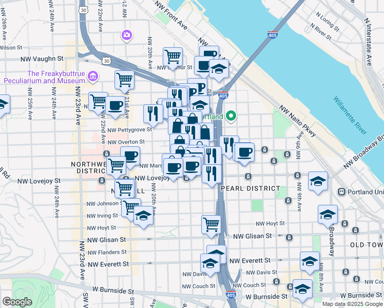 map of restaurants, bars, coffee shops, grocery stores, and more near in Portland