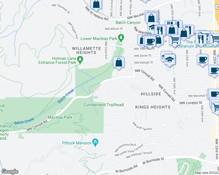 map of restaurants, bars, coffee shops, grocery stores, and more near 3117 Northwest Fairfax Terrace in Portland