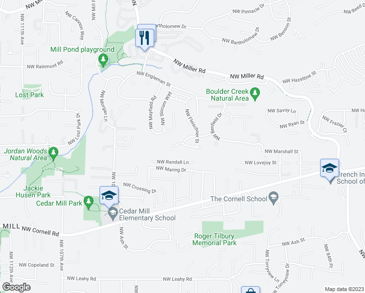 map of restaurants, bars, coffee shops, grocery stores, and more near 9700 Northwest Caxton Lane in Portland