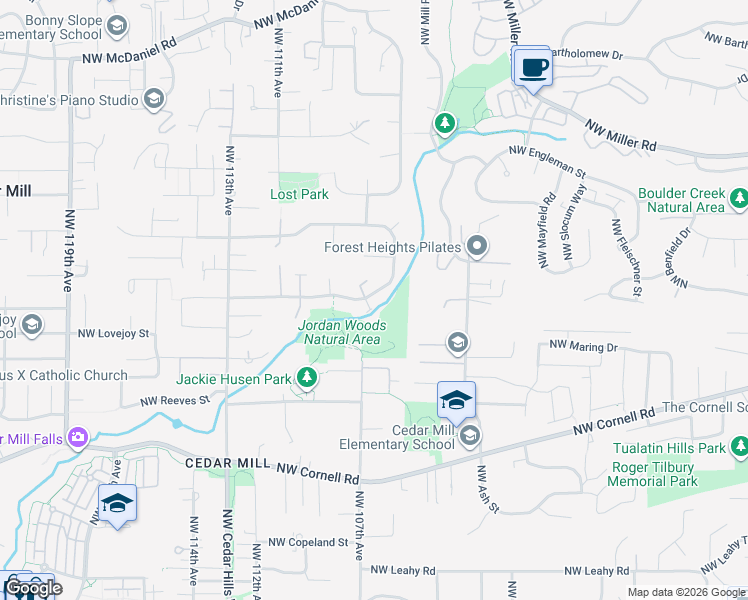 map of restaurants, bars, coffee shops, grocery stores, and more near 1593 Northwest Jennifer Place in Portland