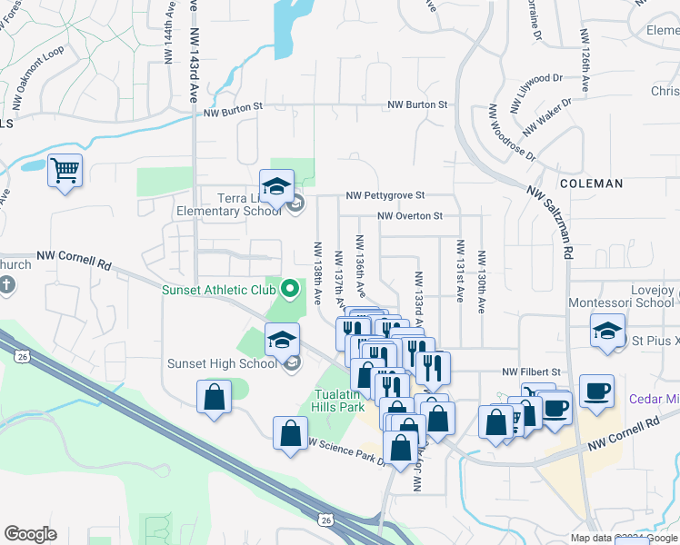 map of restaurants, bars, coffee shops, grocery stores, and more near 1615 Northwest 136th Avenue in Portland