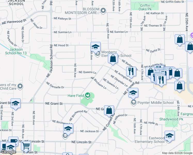 map of restaurants, bars, coffee shops, grocery stores, and more near 927 Northeast Hawthorne Avenue in Hillsboro