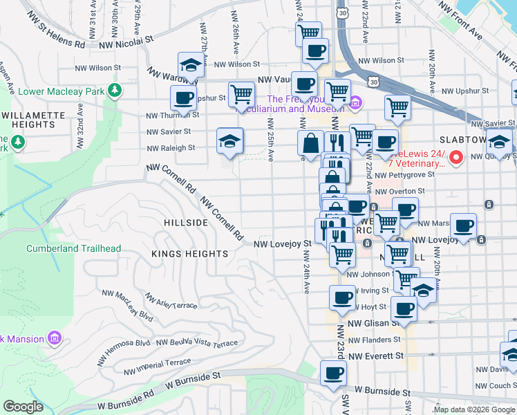 map of restaurants, bars, coffee shops, grocery stores, and more near 2537 Northwest Northrup Street in Portland