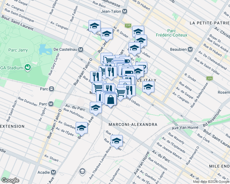 map of restaurants, bars, coffee shops, grocery stores, and more near 6802 Rue Saint-Urbain in Montréal