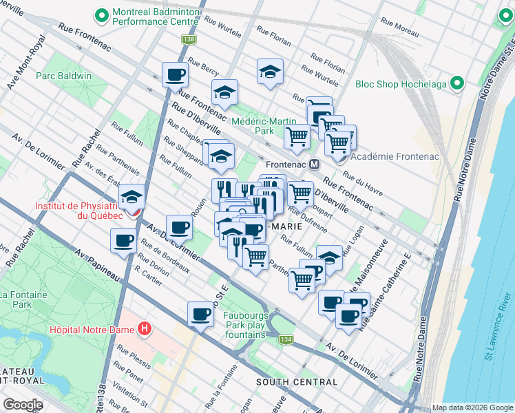 map of restaurants, bars, coffee shops, grocery stores, and more near Avenue Marchand in Montréal