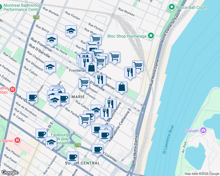 map of restaurants, bars, coffee shops, grocery stores, and more near 1682 Rue Frontenac in Montréal