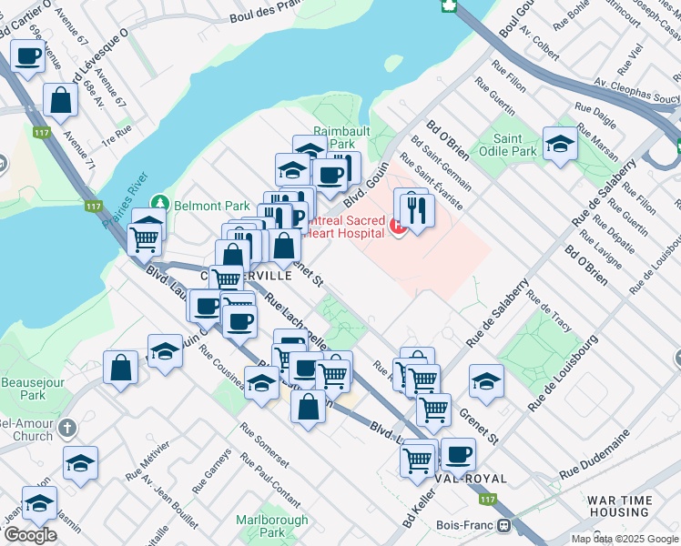 map of restaurants, bars, coffee shops, grocery stores, and more near 12235 Rue Grenet in Montreal