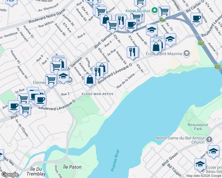 map of restaurants, bars, coffee shops, grocery stores, and more near 4300 Rue de la Seine in Laval
