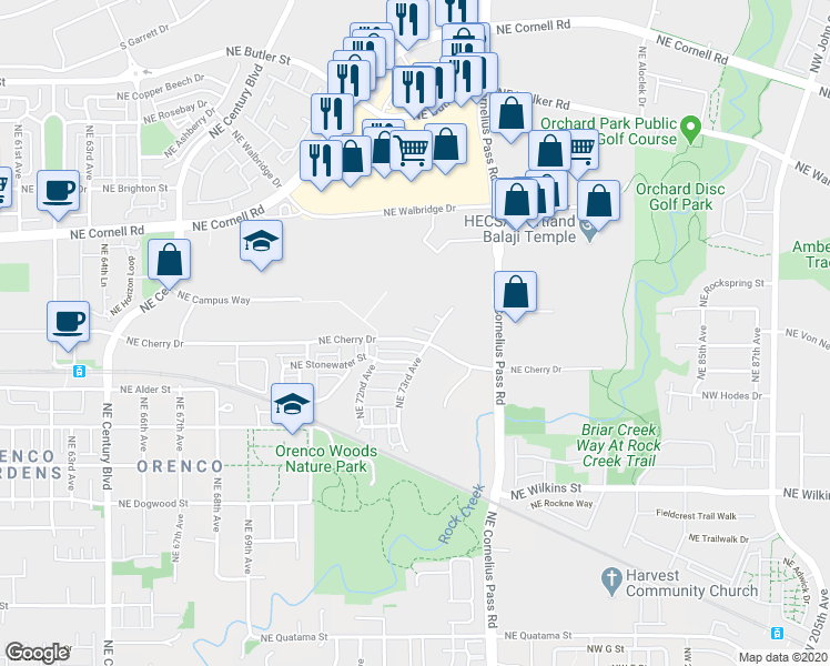 map of restaurants, bars, coffee shops, grocery stores, and more near 7383 Northeast Cherry Drive in Hillsboro