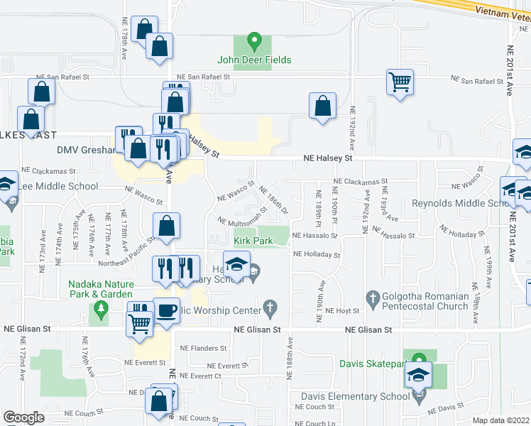 map of restaurants, bars, coffee shops, grocery stores, and more near 1249 Northeast 186th Way in Portland