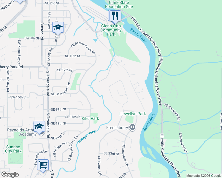map of restaurants, bars, coffee shops, grocery stores, and more near 1380 Southeast Evans Avenue in Troutdale
