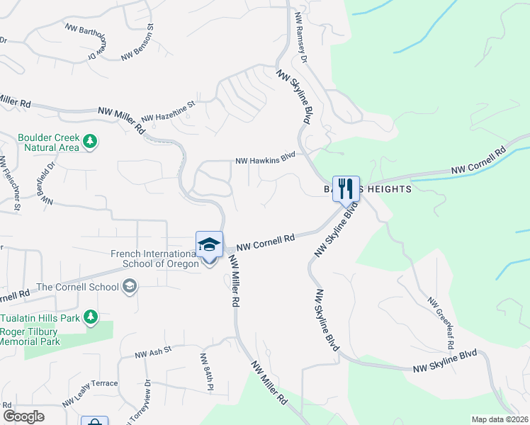 map of restaurants, bars, coffee shops, grocery stores, and more near 1136 Northwest Park Ridge Lane in Portland