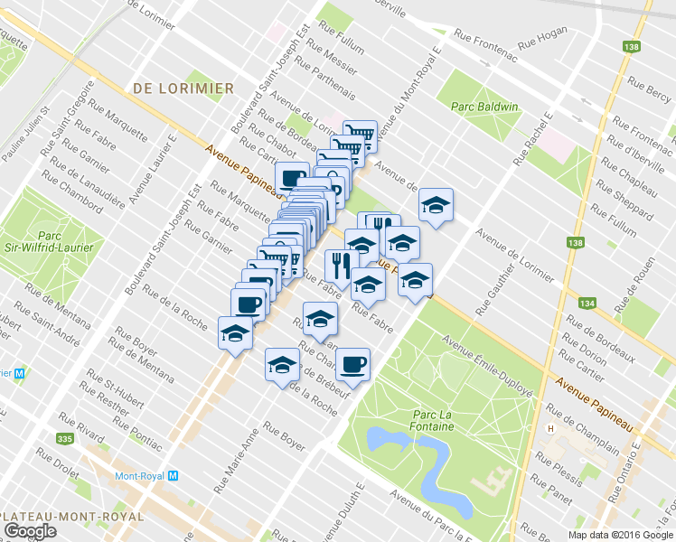 map of restaurants, bars, coffee shops, grocery stores, and more near 4382 Rue Marquette in Montréal